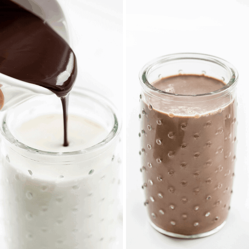 With just a few ingredients, you can have your own supply of chocolate syrup whenever you are craving a topping on your ice cream, dessert, or added to glass of milk for chocolate milk. homemade chocolate syrup, chocolate sauce, chocolate syrup recipe, chocolate milk, Hershey's chocolate syrup, iambaker, i am baker Pouring Homemade Chocolate Sauce into Milk and Making Chocolate Milk