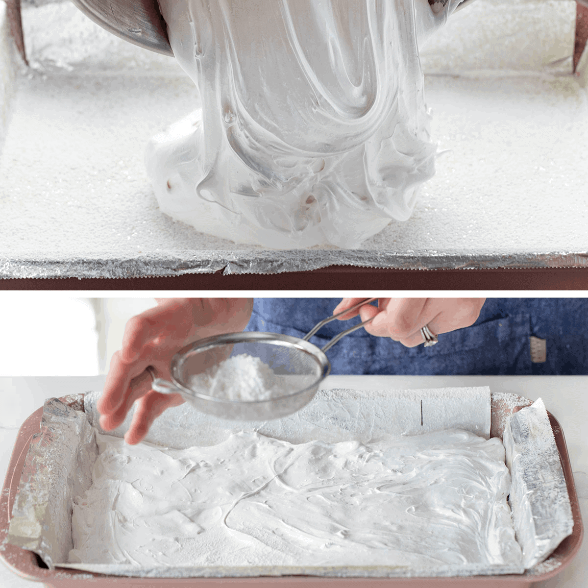 Homemade Marshmallows are better than any you can buy at the store, and they can be made as big or as small, or in any shape, you want! Marshmallows, Homemade Marshmallows, How to Make Marshmallows, Vanilla Marshmallows, i am baker, iambaker, recipes, hot cocoa Pouring Sugar for Homemade Marshmallows