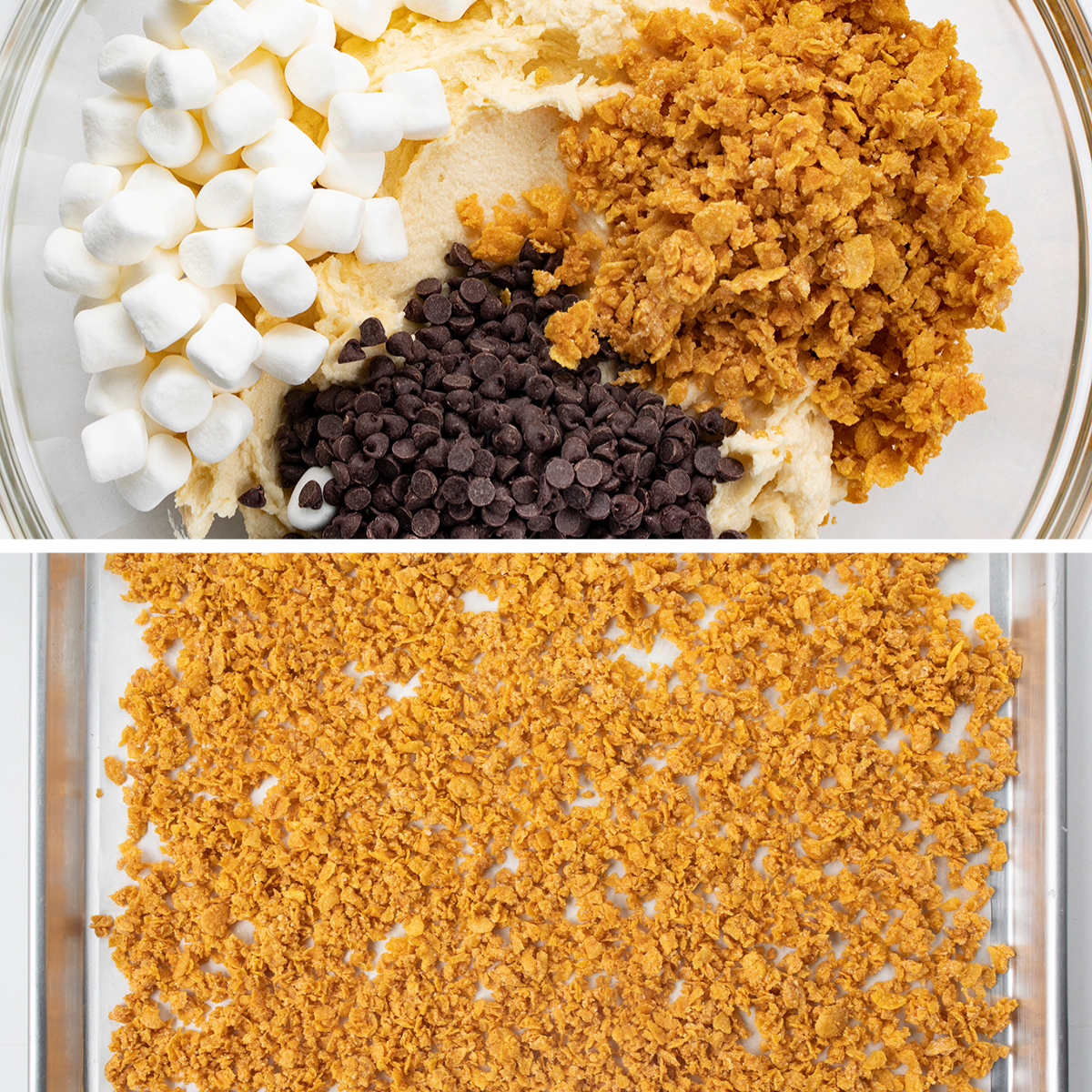 Cornflake Marshmallow Cookies are made with a baked cornflake crunch, chocolate chips, and mini marshmallows for a sweet and salty treat. Cookies, Baking, Milkbar, Milk Bar Cookies, dessert, cornflake cookies, marshmallow cookies, chocolate chip marshmallow cookies, i am baker, iambaker, recipes Process for Cornflake Marshmallow Cookies {Milk Bar Copycat}
