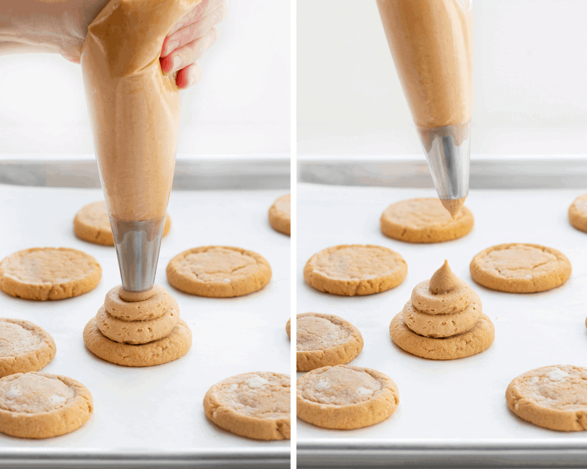 Peanut Butter Hi-Hat Cookies are homemade peanut butter cookies topped with a swirl of peanut butter frosting and dipped in melted chocolate. Hi Hat Cookies, Hi-Hat Cookies, Peanut Butter Cookies, Peanut Butter Hi-Hat Cookies, Dessert, cookies recipes, baking, frosting, peanut butter frosting, i am baker, iambaker Piping Peanut Butter Frosting onto Peanut Butter Hi Hat Cookies