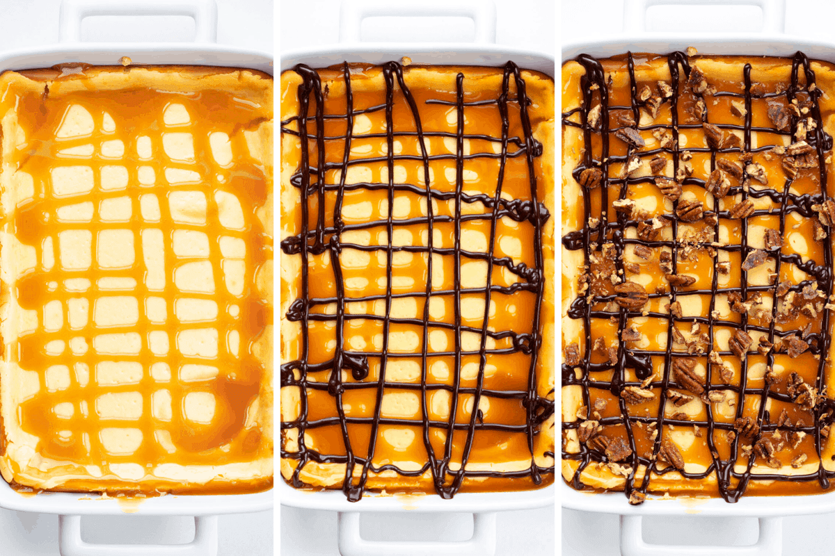 Turtle Cheesecake Bars are creamy dessert bars with a graham cracker crust and cheesecake filling, topped with caramel, candied pecans, and hot fudge. Turtle Cheesecake, Cheesecake Bars, Turtle Cheesecake Bars, Dessert, Cheesecake, Best Cheesecake Recipe, i am baker, iambaker, recipes, baking Adding Toppings to Turtle Cheesecake Bars